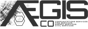 Logo: 'AEGIS co' in large black text, above 'Communications Services, Fire Services, Energy Services, Civil Services' in small black text