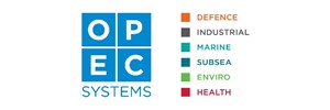 Logo: 'O P E C' in seperate blue squares, above 'SYSTEMS' in blue text, next to a series of multicoloured dot points 'DEFENCE, INDUSTRIAL, MARINE, SUBSEA,  ENVIRO, HEALTH'