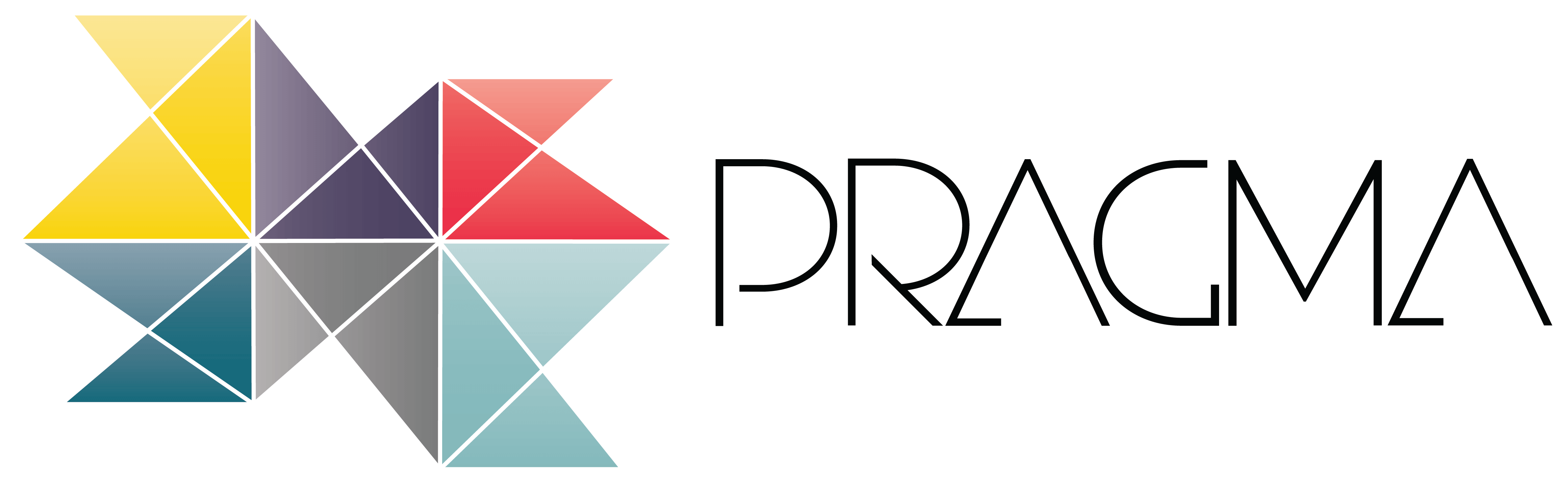 Logo: A series of multi-coloured triangles making an abstract shape, next to 'PRAGMA' in thin black text