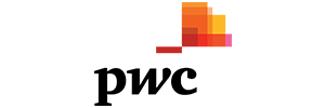 Logo: 'pwc' in black text, below a collection of red to orange coloured rectangles