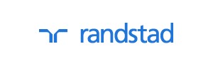 Logo: Two blue corners facing each other, next to 'randstad' in blue text