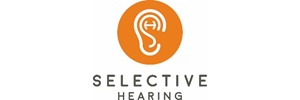 Logo for Selective Hearing. A dark orange circle with a white line drawing of an ear.