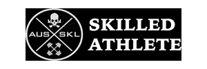 Logo: a circle, quarterd with a skull and crossbones, 'AUS', 'SKL' and a set of dumbells in the quarters next to SKILLED ATHLETE' in white text, all on a black background