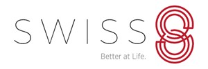 Logo: 'Swiss' in thin grey text followed by a large red '8' which resembles a labyrinth