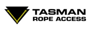 Logo: a black triangle overlaid over another black triangle, seperated by a yellow rope, next to 'Tasman Rope Access' in black text