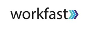 Logo: 'workfast' in black text next to s aeries of four arrows changing colour from light green to dark blue