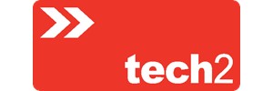 Logo: A bold red Rectangle, two white arrows in the top left and the text "tech2" in white in the bottom right