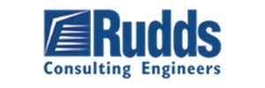 Logo: A blue square, featuring a stylised depiction of a building in white outlines, next to 'Rudds' in blue text, all over 'Consulting Engineers' in small blue text