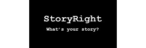 Logo: 'StoryRight' in large, white, typewriter-like text above 'What's your story?' in white text on a black background