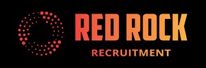 Logo: a series of multi-sized red dots form concentric circles, next to the text 'RED ROCK' in a colour gradient from red to yellow, over 'Recruitment' in red text, all on a black background