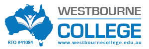 Logo: a stylised human figure earing a graduation cap emerging from an open book, superimposed in white over a blue map of Australia. Next to the text 'WESTBOURNE COLLEGE' in greay and blue. Also includes RTO #41084 and www.westbournecollege.edu.au