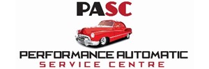 Logo: the letters 'PASC' over the the image of a classic, red car, all above the black text 'PERFORMANCE AUTOMATIC' and red text 'SERVICE CENTRE'