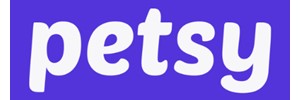 Logo: White text 'petsy' on a purple background