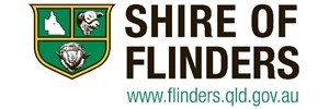 Logo: A green shield with three sections, featuring a map of Queensland, a cow and sheep, all next to the large black text 'SHIRE OF FLINDERS'  all above the text 'www.flinders.qld.gov.au'