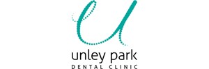 Logo: A large, thin green letter 'u' above the black text 'unley patk DENTAL CLINIC'