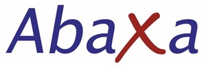 Abaxa text in blue with red x 