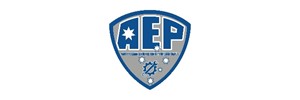 Grey shield with blue outline and text AEP Australian Engineering Professionals below and spanner and gear symbol with southern cross background