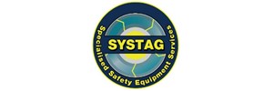 Systag text in yellow with specialised safety equipment services text around in a circle. 