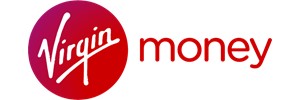 Virgin text in white with red circle background and the text money in red to the right 