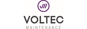 VOLTEC Maintenance text in grey with white background. VM in purple with circle above