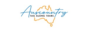 Orange outline of Australia map with Auscountry in large blue cursive over the top and Tag Along Tours in small black capitals below