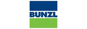 BUNZL text in blue, solid blue rectangle above text and green below 