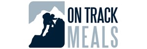 Hiker climbing mountin on the left with On track meals text on the right 