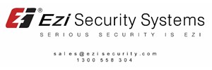 Ezi Security Systems in black text. Contact details below. Red and black letter "z" to the left 