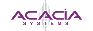 ACACIA in bold purple, Systems below in smaller text. Grey vertical lines behind letter A