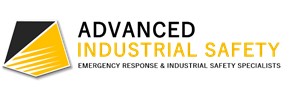 Advanced Industrial safety text with Emergency Response & Industrial Safety Specialists below. Black and yellow pentagon on the left