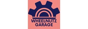 Wheelnutz Garage text in blue with outline of sprocket above. All on orange background 