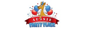 Aussie Party Place with blue and red balloons, stars and streamers and kangaroo with party hat on 