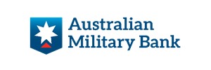 Australian Military Bank text in blue. Blue square with white 7 pointed star in the middle and red triangle pointing north below 