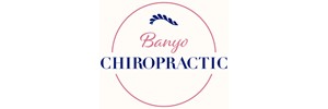 Banyo in pink italic text and Chiropractic in blue capitals below. Pink circle to surround with blue leaf above 