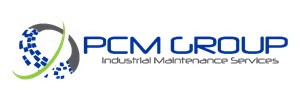 Circle with grey, blue and white checks and green swirl through the middle. PCM Group text in blue to the right and Industrial Maintenance Services text in grey below 