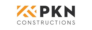 PKN COnstructions in black on white background. Yellow and white square to the left 