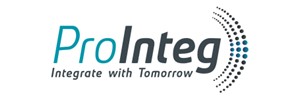 Pro in turquoise and Integ in grey text. Integrate with tomorrow text in small grey letters below. Grey semi-circle in dots to the right. 