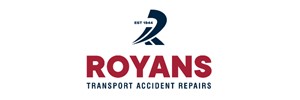 ROYANS in bold red, Transport Accident Repairs below in small Blue capitals. Letter R above in Blue with EST. 1944