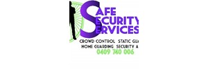 Large purple S - with safe, security, services text to the right. phone number below and shadow of person with white and green shield to the left. 