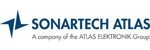 Sonartech Atlas in bold blue cpitals. A company of the Atlas Elektronik Group below in small grey text. Two equilateral shapes to the left. 