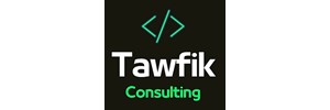 Tawfik in white text, consulting text below in smaller green. Two arrows pointing left and right with backslash in centre above text. all on black background 