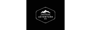 Training Adventure Co with image of mountains above, within hexagon. All in white with black background. 