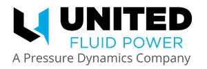 United in bold black, Fluid power below in turquoise, a pressure dynamics company below in black. Letter U in black and turquoise to the left 