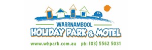 Warrnambool Holiday Park & Motel text with outline of cabins and caravan above, contact details below 