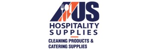 AUS Hospitality Supplies in blue text. Image of fork, spoon and knife within the letter 'A"