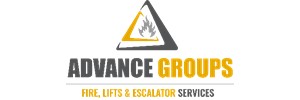 Advance groups text. Fire, lifts & escalators services below. Image of fire triangle above 