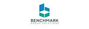 Benchmark group solutions text with blue and green tiles above 