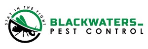 Blackwaters Pest Control in green and black. Image of bugs in circle to the right and text, stay in the fight above 