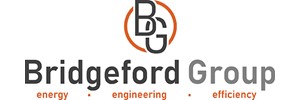 Bridgeford Group in large brown text. energy.engineering.efficiency in orange below. BG letters intertwined above with orange circle