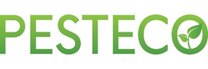 PESTECO in green text, leaf inside letter O